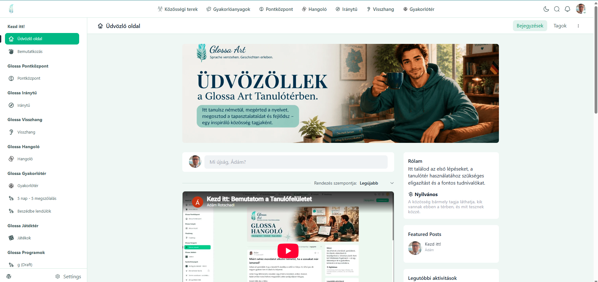 A Glossa Art Tanulótér átlátható kezelőfelülete