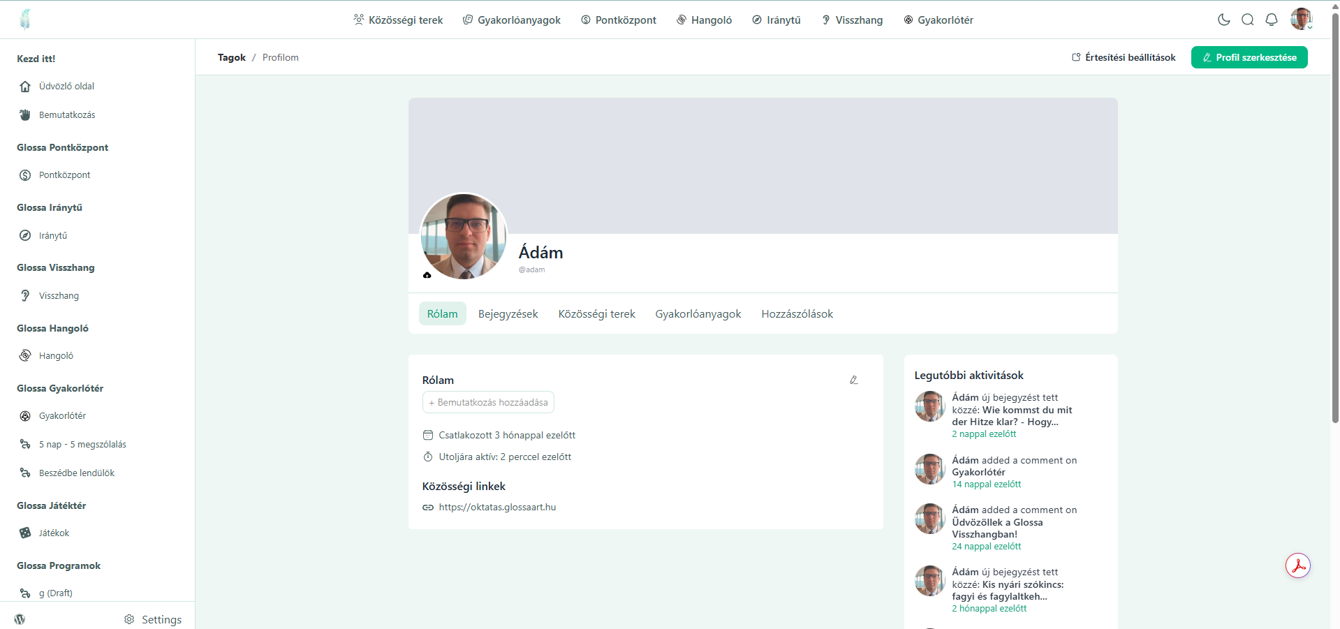 Testreszabható személyes profil a Glossa Art Tanulótérben