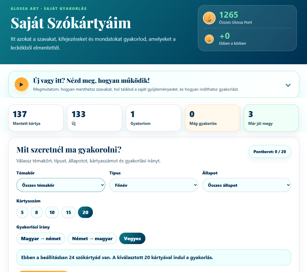 A Szókártyáim gyakorlófelület a Glossa Art Tanulótérben